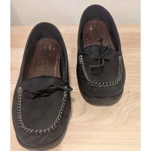 Vtg Eastland Women 9M Black Suede Moccasin Boat Shoes Slip On Eyelets Granola